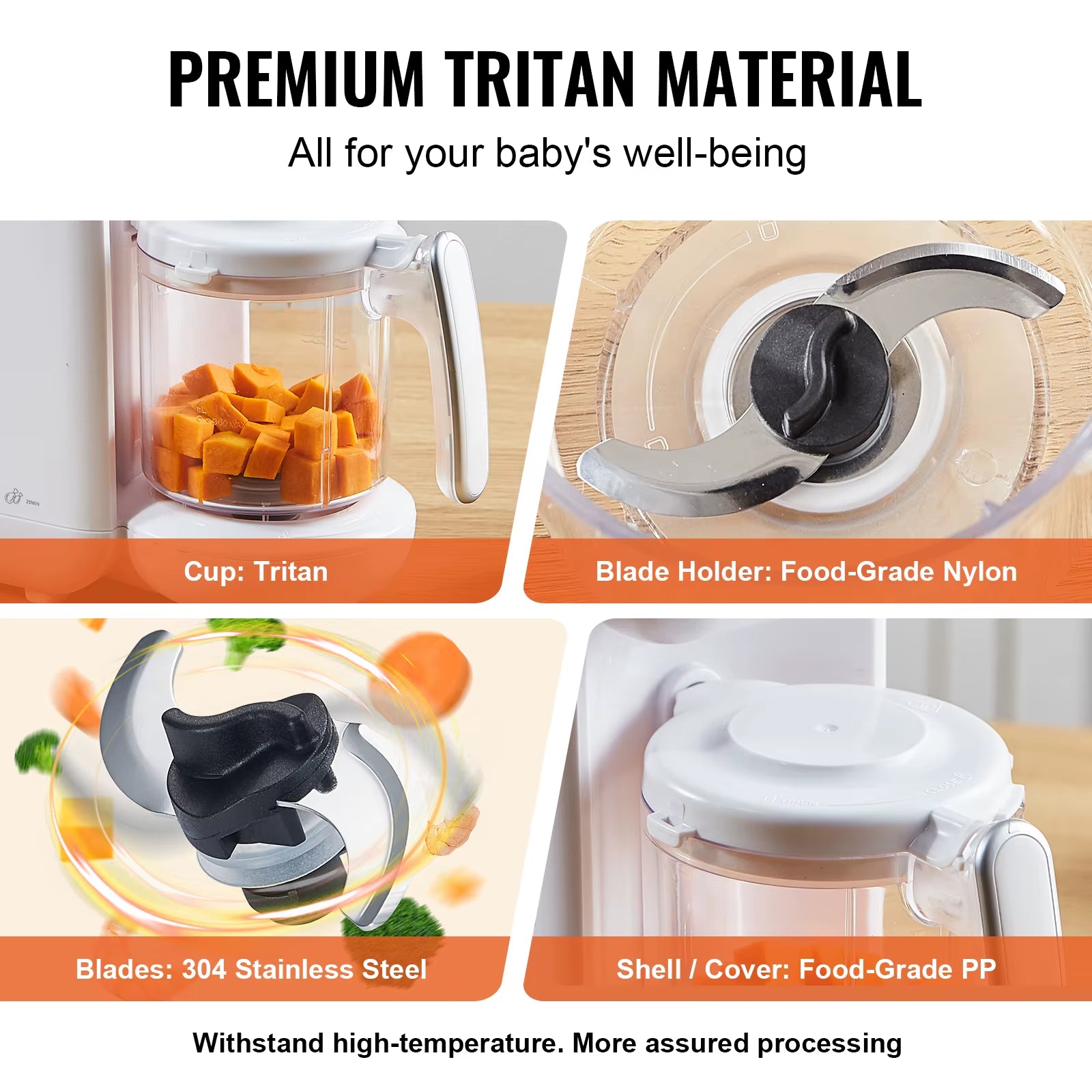 Baby Food Maker 430W with 750 Ml Tritan Bowl SUS304 5 in 1 Blender Steamer Grinder for Food Fruit Vegetable Meat
