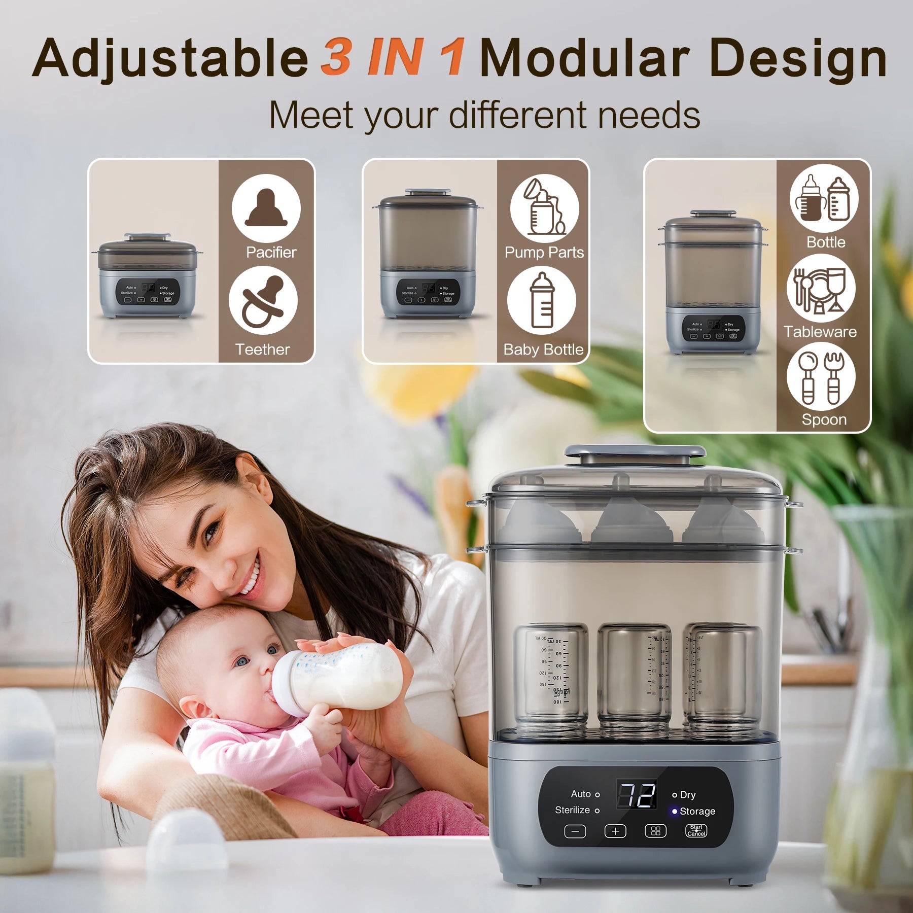 4-In-1 72H Storage, 30-Min Dry, 6 Bottles + Accessories,99.99% Germ-Free‌ Baby Bottle Sterilizer & Dryer